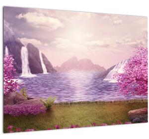 Slika ružičastih stabala s jezerom (70x50 cm)