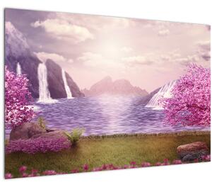 Slika ružičastih stabala s jezerom (90x60 cm)