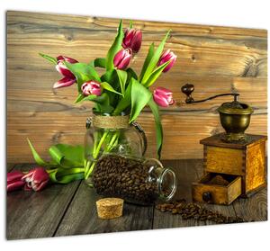 Slika - tulipani, mlinac i kava (70x50 cm)