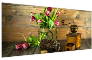 Slika - tulipani, mlinac i kava (120x50 cm)