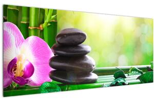 Slika kamenja za masažu i orhideja na vodi (120x50 cm)