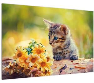 Slika mačića koji gleda cvijet (90x60 cm)