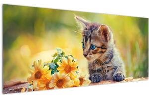 Slika mačića koji gleda cvijet (120x50 cm)