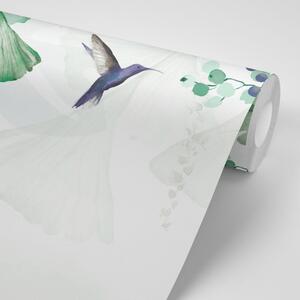 Samoljepljiva tapeta zeleni listovi s kolibrijima