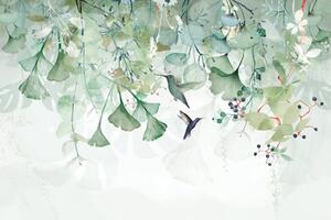Samoljepljiva tapeta zeleni listovi s kolibrijima