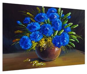 Slika plavog cvijeća u vazi (90x60 cm)