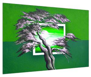 Zelena slika stabla i izlazak sunca (90x60 cm)