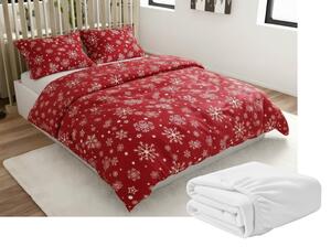 Set posteljine od mikropliša SNOWFALL crveno + plahta od mikroplyša SOFT 180x200 cm bijela, bračni krevet