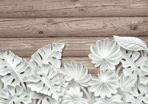 Foto tapeta - Alabaster bijeli cvjetovi na drvenim daskama (152,5x104 cm)