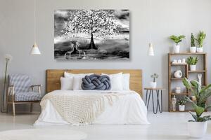 Slika čaplje ispod magičnog stabla u crno-bijelom dizajnu