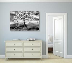 Slika čaplje ispod magičnog stabla u crno-bijelom dizajnu