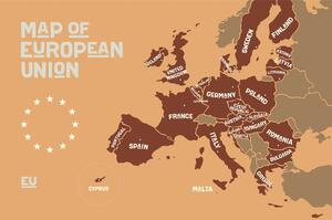 Tapeta smeđi zemljovid s nazivima država članica EU-a