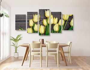 5-dijelna slika čarobni žuti tulipani na drvenoj podlozi