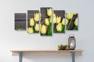 5-dijelna slika čarobni žuti tulipani na drvenoj podlozi