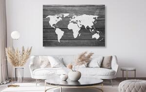 Slika na plutu crno-bijeli zemljovid svijeta s drvenom pozadinom