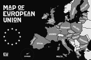 Slika školski zemljovid s nazivima država Europske unije u crno-bijelom dizajnu