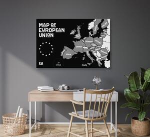 Slika na plutu školski zemljovid s nazivima država Europske unije u crno-bijelom dizajnu