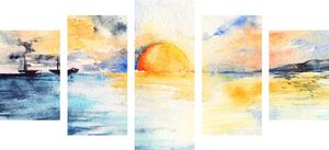 5-dijelna slika sjajni zalazak sunca na moru