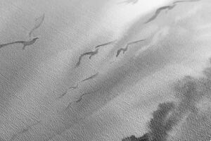 Slika let ptica nad krajolikom u crno-bijelom dizajnu