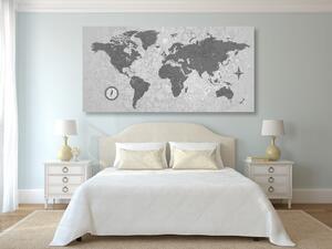 Slika zemljovid svijeta s kompasom u retro stilu u crno-bijelom dizajnu