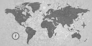 Slika zemljovid svijeta s kompasom u retro stilu u crno-bijelom dizajnu