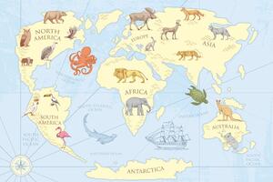 Slika zemljovid svijeta sa životinjama