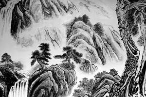 Slika kineski pejzaž u crno-bijelom dizajnu