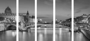 5-dijelna slika sjajna panorama Pariza u crno-bijelom dizajnu