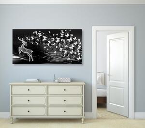 Slika divni jelen s leptirima u crno-bijelom dizajnu
