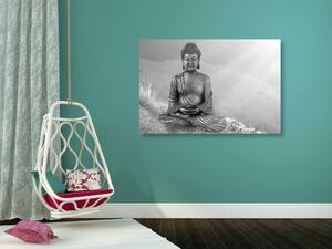 Slika kip Buddhe u meditacijskom položaju u crno-bijelom dizajnu