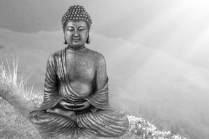 Slika kip Buddhe u meditacijskom položaju u crno-bijelom dizajnu