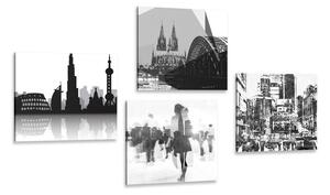 Set slika život u velegradu u crno-bijelom dizajnu s daškom apstrakcije