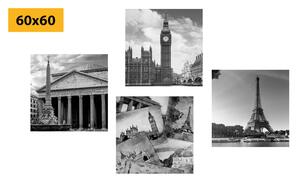 Set slika povijesni spomenici u crno-bijelom dizajnu