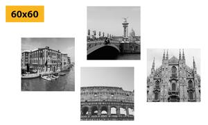 Set slika povijesni gradovi u crno-bijelom dizajnu