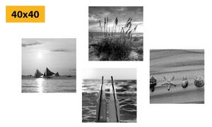 Set slika more i plaža u crno-bijelom dizajnu