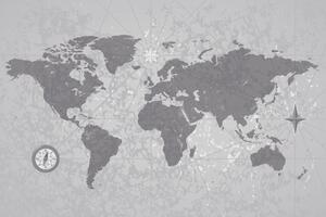 Tapeta crno-bijeli zemljovid svijeta s kompasom u retro stilu