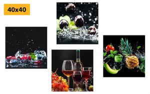 Set slika vino i komadići voća na crnoj pozadini