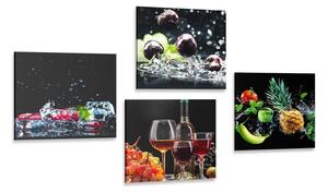 Set slika vino i komadići voća na crnoj pozadini