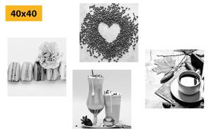 Set slika napitci i slatki zalogaji u crno-bijelom dizajnu
