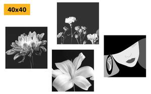 Set slika elegancija žene i cvijeća u crno-bijelom dizajnu