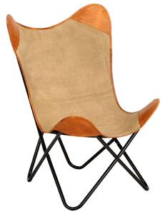 VidaXL Leptir-stolica od prave kože i platna smeđa