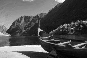 Slika drveni vikinški brod u crno-bijelom dizajnu