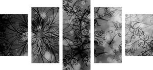5-dijelna slika cvjetna Mandala u crno-bijelom dizajnu