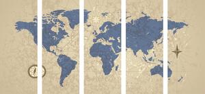 5-dijelna slika zemljovid svijeta s kompasom u retro stilu