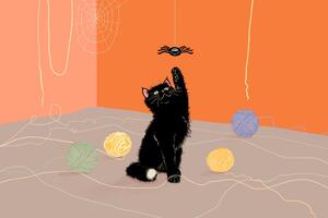 Slika razigrana mačka s klupkima