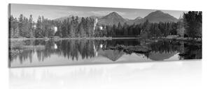 Slika prekrasna planinska panorama kraj jezera u crno-bijelom dizajnu