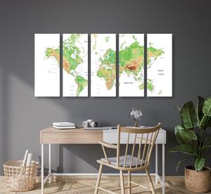 5-dijelna slika klasičan zemljovid svijeta s bijelom pozadinom