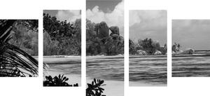 5-dijelna slika prekrasna plaža na otoku La Digue u crno-bijelom dizajnu