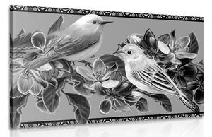 Slika crno-bijele ptičice i cvijeće u vintage stilu