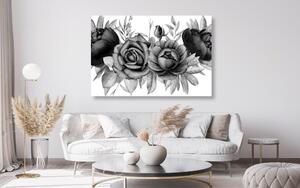 Slika čaravajuća kombinacija cvijeća i listova u crno-bijelom dizajnu